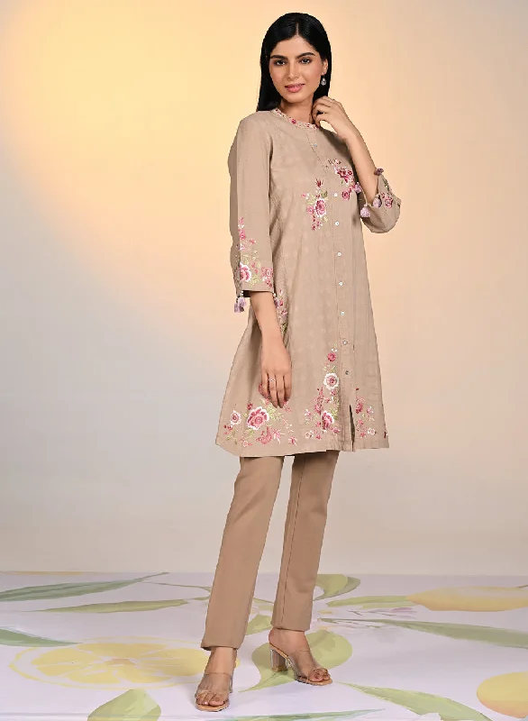 Affordable Women's Attire Zaheen Beige Embroidered Cotton Jacquard Tunic for Women