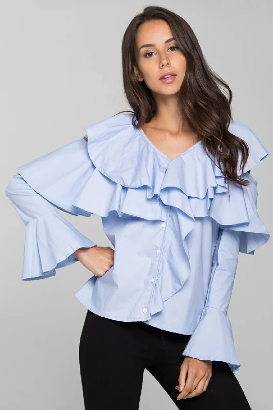 Stylish Everyday Clothing Blue Ruffle Sleeved Cold Shoulder Top