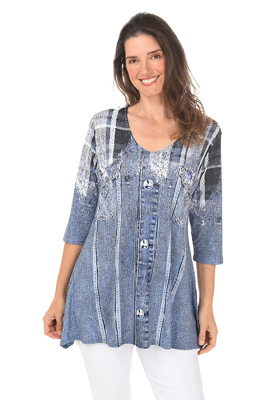 Women's Transitional Attire Plaid Denim Jacket Printed Knit Tunic