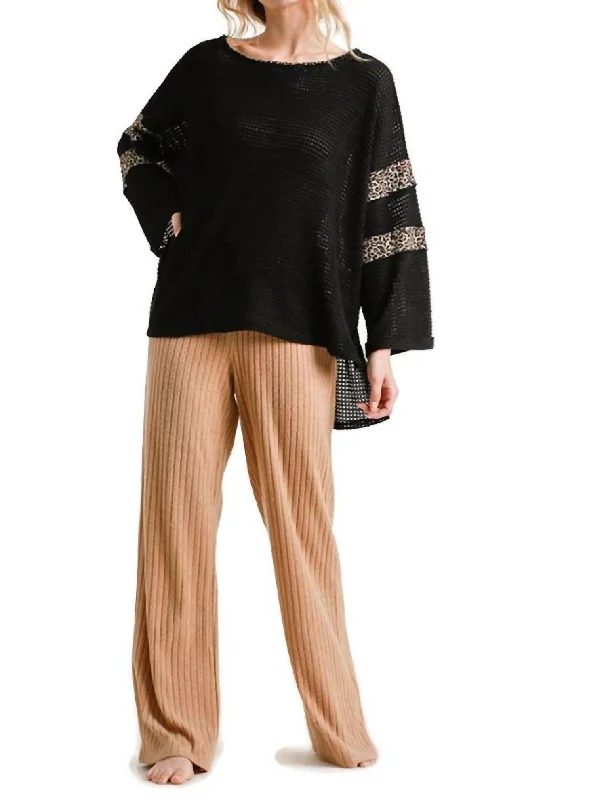 Women's Work Outfit For The Office Leopard Trim Waffle Knit Top In Black