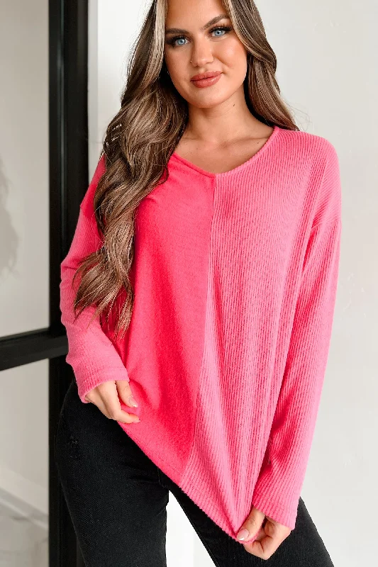 Seasonal Women's Fashion Trends Meeting For Coffee Mixed Knit Long Sleeve Top (Pink)