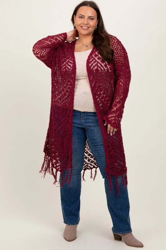 Women's Luxury Apparel Burgundy Crochet Fringe Hem Plus Cardigan