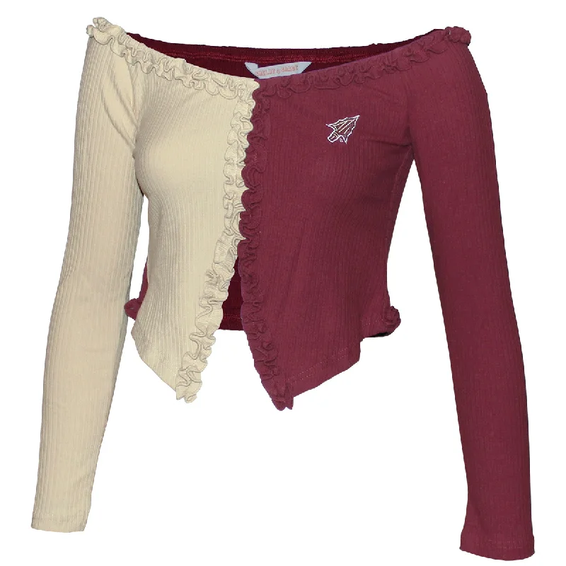 Women's Formal Apparel Emerson Street Women's Arrowhead Logo Ribbed Long Sleeve Off the Shoulder Crop - Garnet/Gold