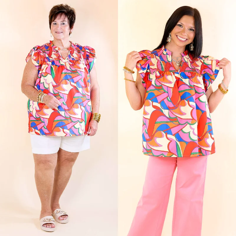 Vibrant Femme Fashion Lovely Line Up Abstract Print Top with Ruffle Cap Sleeves in Pink, Red, Blue and Cream Mix