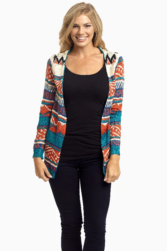 Premium Fabrics Rust Teal Aztec Knit Cardigan