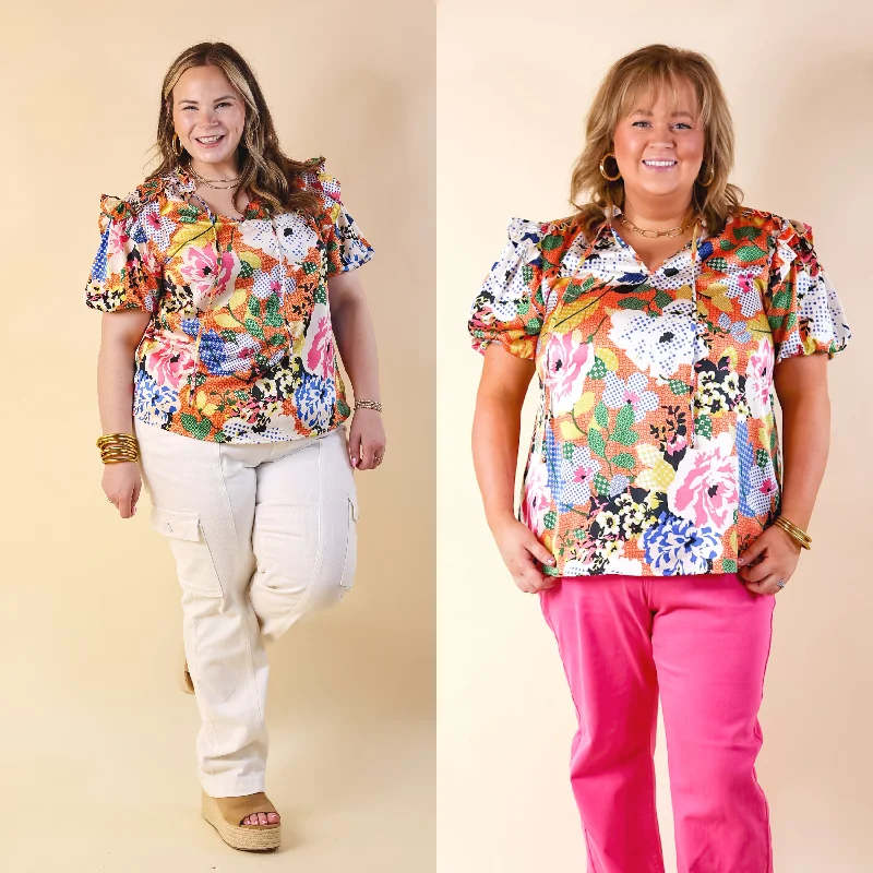 Casual Chic Clothing Malibu Villa Floral Print Top with Keyhole and Tie Neckline in Orange Mix