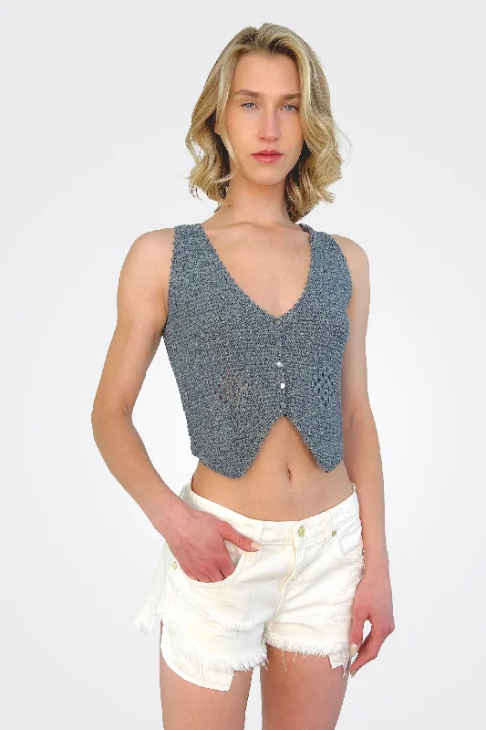 Comfortable Casual Women's Clothing Mesh Crochet Vest - Navy Tweed