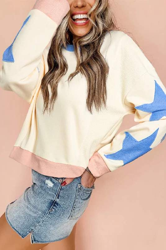 Women's Activewear Apparel Star Patchwork Exposed Seam Oversized Sweatshirt