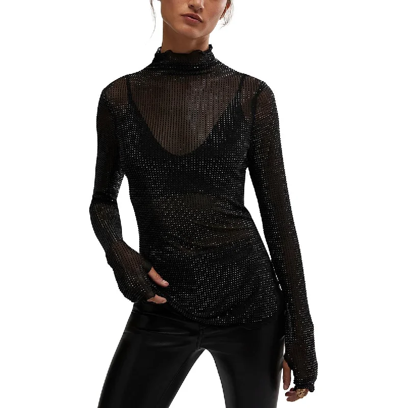 Trendy Street Style Womens Embellished Mesh Pullover Top