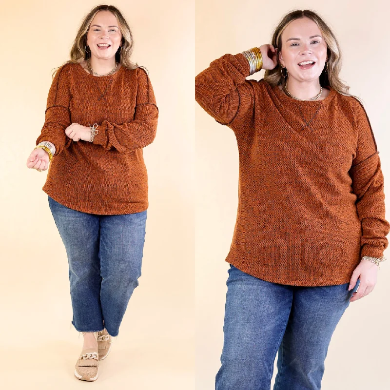 Women's Outfit For The Office Fall Festival Long Sleeve Knit Top with Hem Detailing in Rust Orange