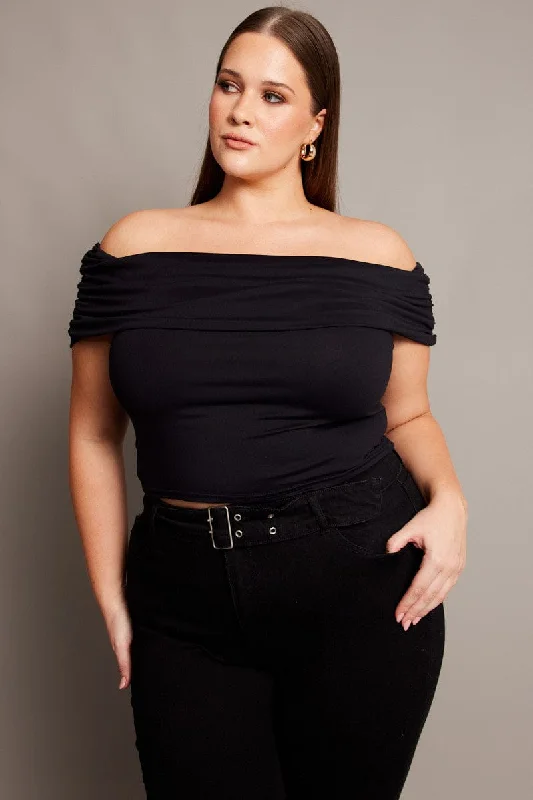 Timeless Women's Fashion Styles Black Off Shoulder Top Short Sleeve