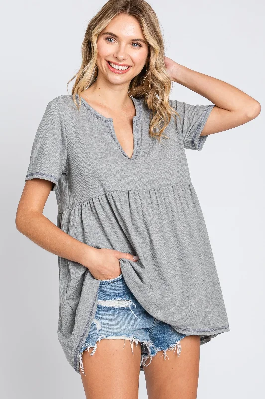 Women's Comfy Attire For Lounging Grey V Neck Top