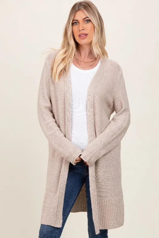 Women's Resort Apparel Beige Contrast Rib Long Open Cardigan