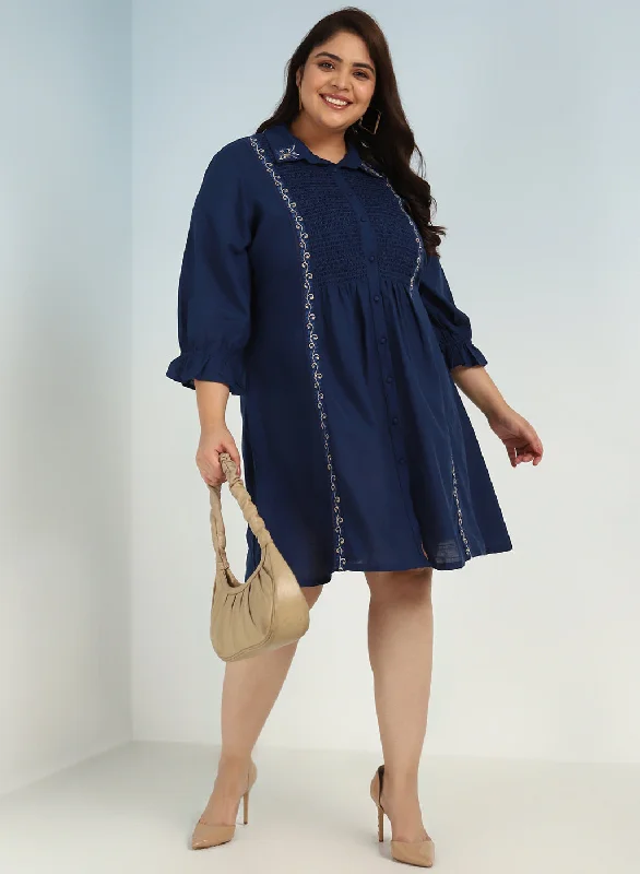 Women's Evening Wear Blue A Line Tunic with Smocking Front and Classic Collar