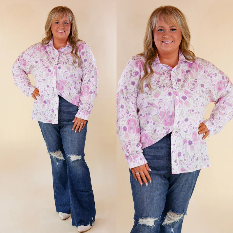 Must-Have Styles The Cowgirl Way Button Up Purple Music Print Top in White