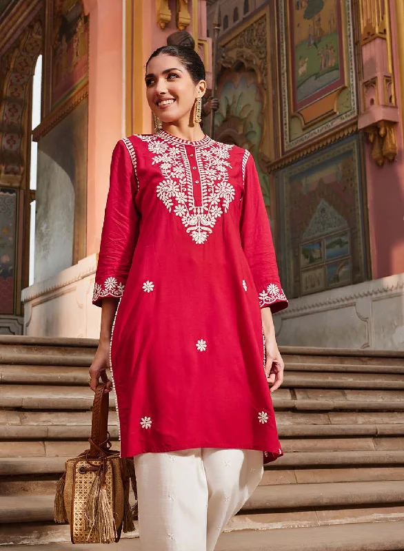 Stylish Women's Outfit Saadgi Red Embroidered Cotton Linen Tunic for Women