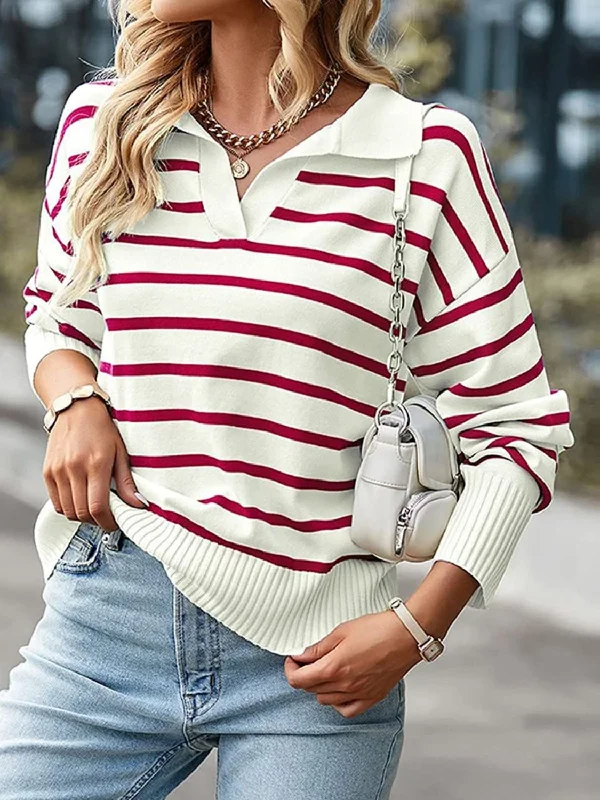 Designer Women's Fashion Online Striped Collared Neck Knit Top