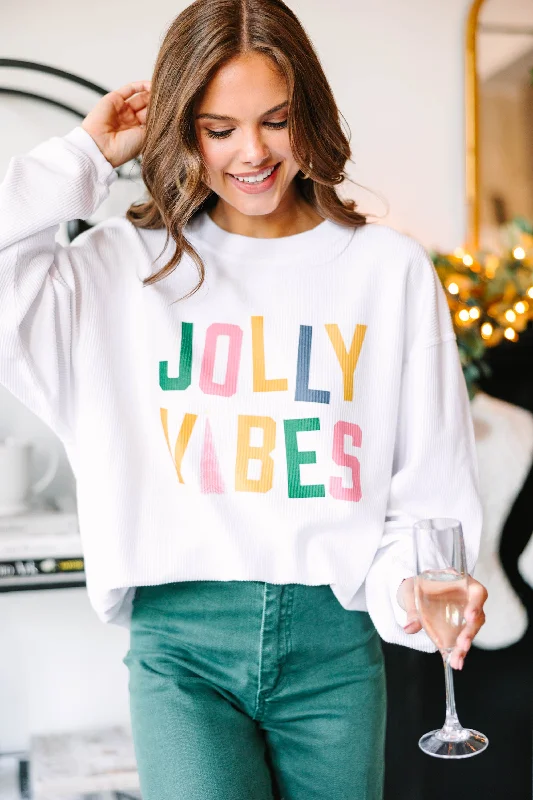 Women's Trendy Attire Jolly Vibes Only White Corded Graphic Sweatshirt