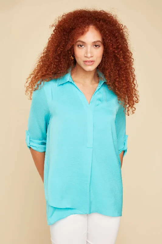 Classic Women's Clothing Styles Renuar Airflow Long Sleeve Blouse - Aquamarine