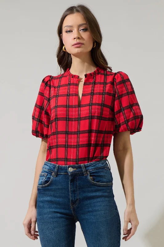 Women's Elegant Formal Outfit Woodland Red Plaid Split Neck Blouse