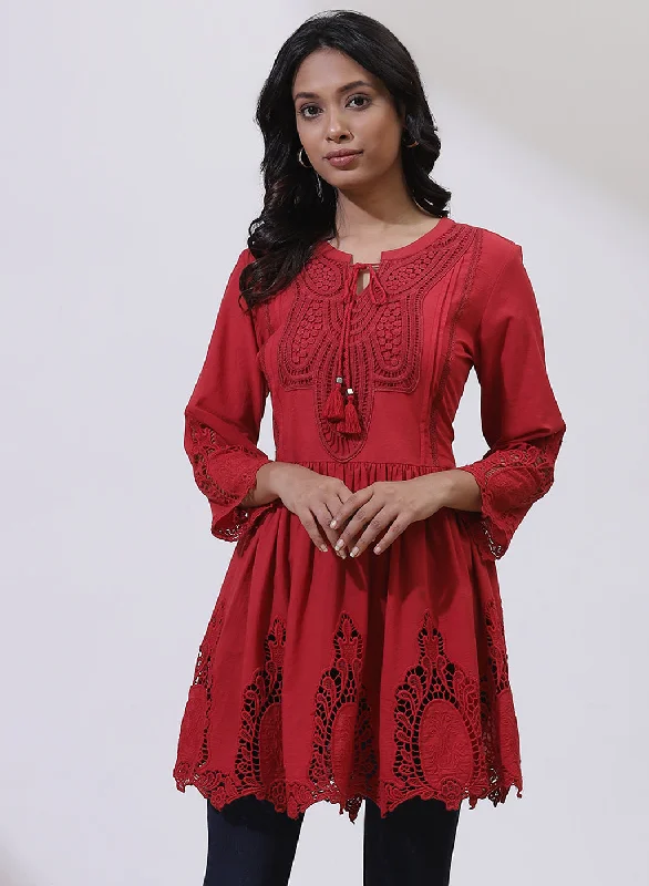 Women's Evening Outfit Red Phool Collection Tunic With Schiffli Embroidery