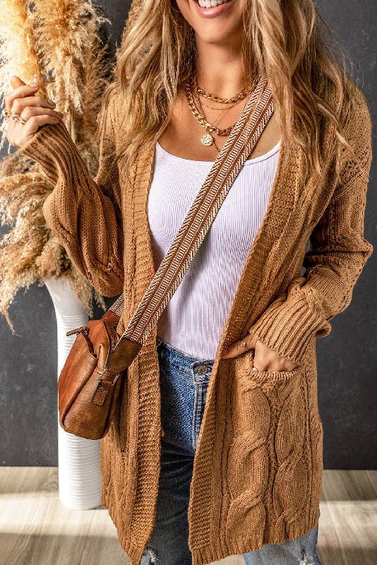 Women's Formal Apparel Khaki Ribbed Trim Eyelet Cable Knit Cardigan