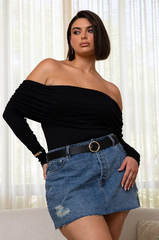 Women's High Street Fashion Black Off Shoulder Top Long Sleeve Supersoft