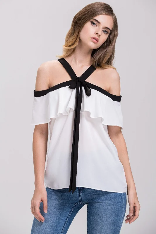 Bold and Elegant Women's Fashion Mina Al Sheikhly - White Chiffon Ruffled Cold Shoulder Top