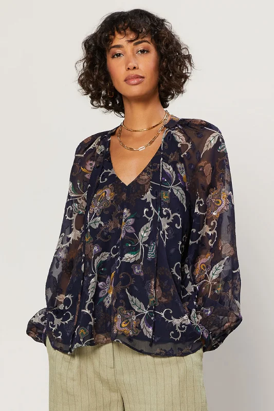 Stylish Women's Garments Navy Floral Long Sleeve Top