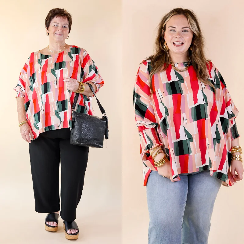 Bold Prints Casual Chic Museum Bound Abstract Print Top in Red and Green