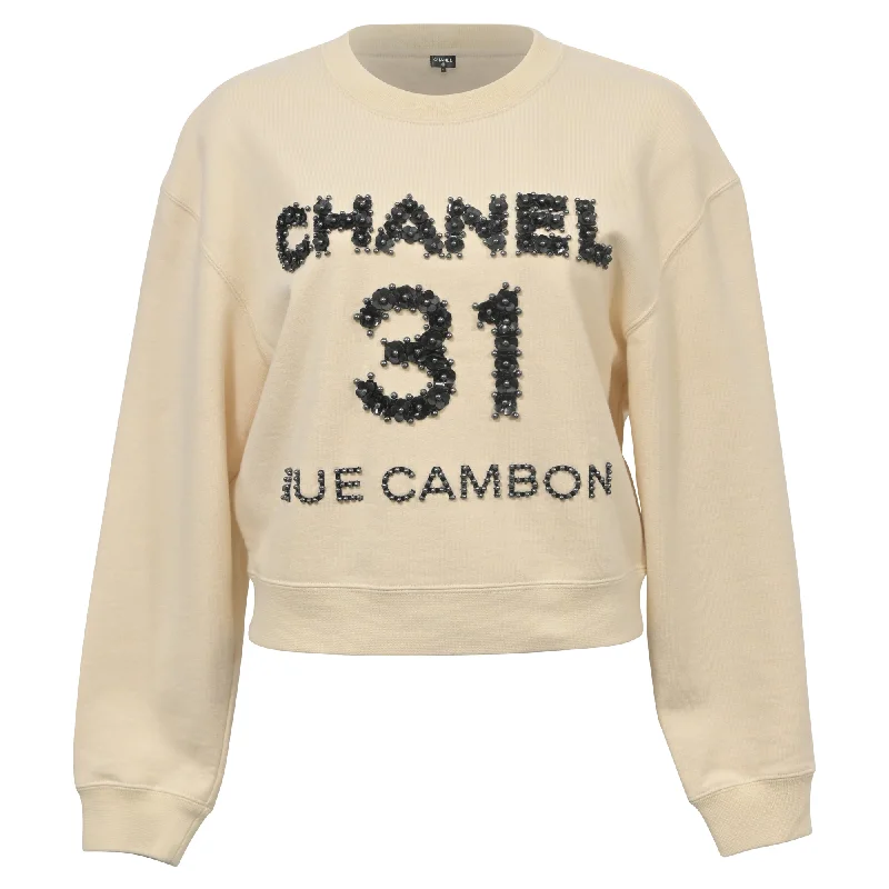 High End Women's Wear Chanel Pre-Fall 2020 Camélia Embellished Pullover in Beige Cotton