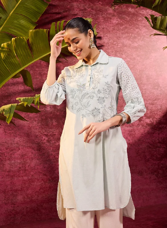 Women's Effortless Casual Outfit Kyla Basil Powder Blue Embroidered Cotton Linen Tunic for Women