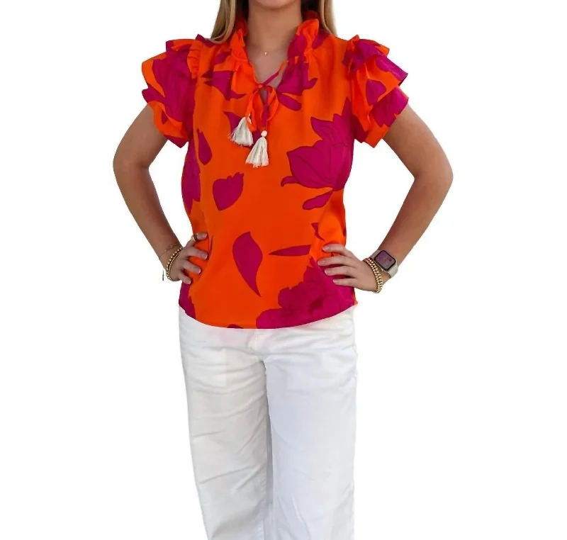 Modern Casual Clothing Flutter Sleeve Print Top In Orange Red