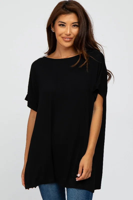 Fashionable Women's Casual Apparel Black Short Sleeve Boatneck Top