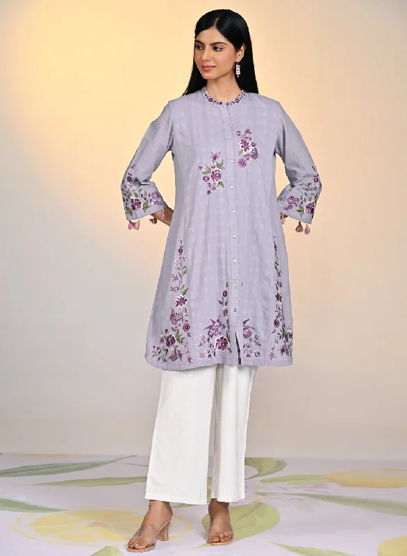 Women's Professional Attire Zaheen Lavender Embroidered Cotton Jacquard Tunic for Women