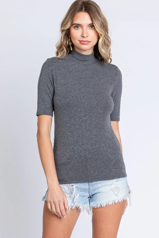 Women's Vacation Garments Charcoal Short Sleeve Turtleneck Top