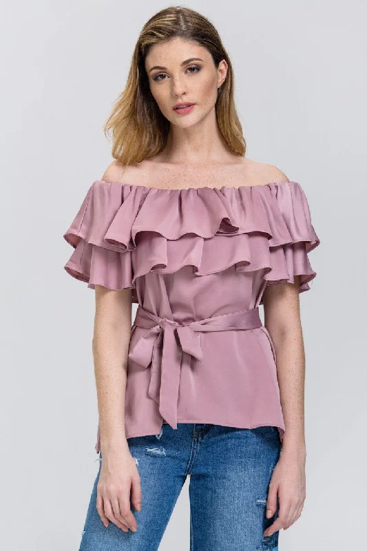 Sophisticated Women's Fashion The Real Fouz - Old Rose Satin Tiered Ruffle Off the Shoulder Top