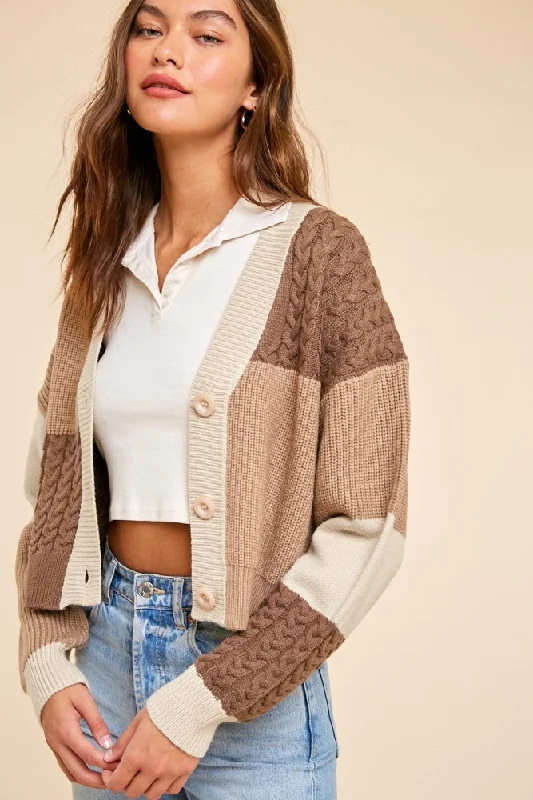 Women Apparel Beige Patchwork Color Block Cable Cardigan