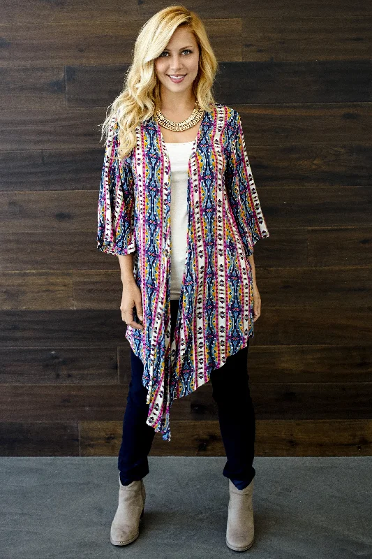 Casual Fashion Magenta Multi-Color Printed Long Cardigan