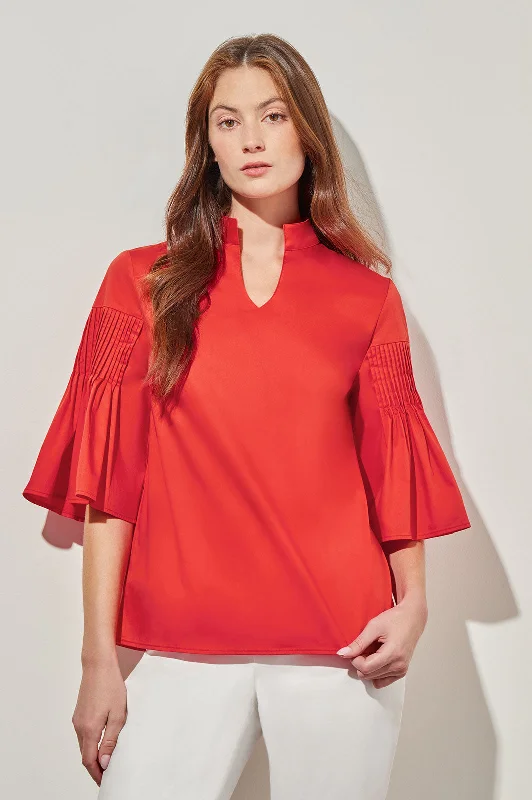 Minimalist Women's Fashion Clothing Pleated Bell Sleeve Blouse - Stretch Cotton Blend