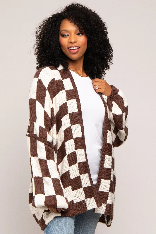 Online Boutiques Clothing Brown Checkered Print Oversized Cardigan