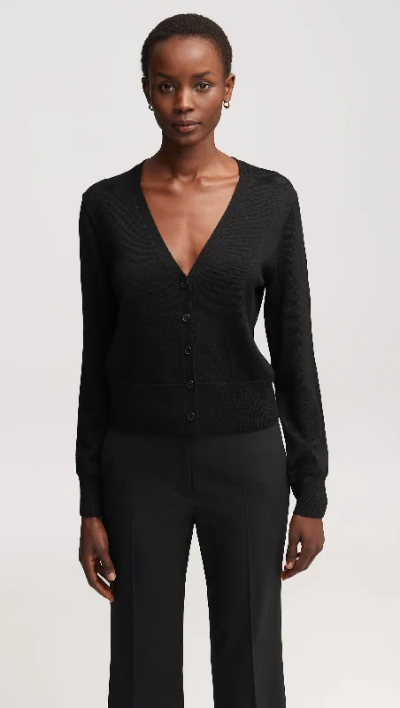 Elegant Women's Evening Garments Everyday Knit Crew Cardigan in Merino Wool | Black