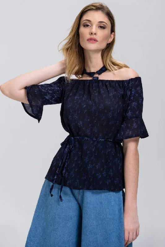 Women's Casual Dresses Blue Mini Flower Print cold shoulder Top