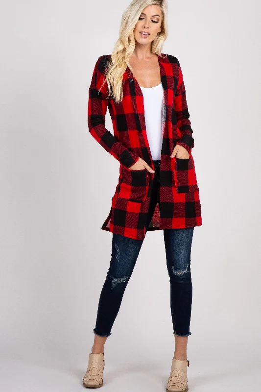 Minimalist Style Red Plaid Long Sleeve Cardigan