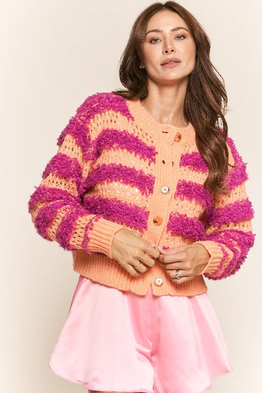 Rocker Chic Fashion Tangerine Fuchsia Fuzzy Stripe Long Sleeve Cardigan