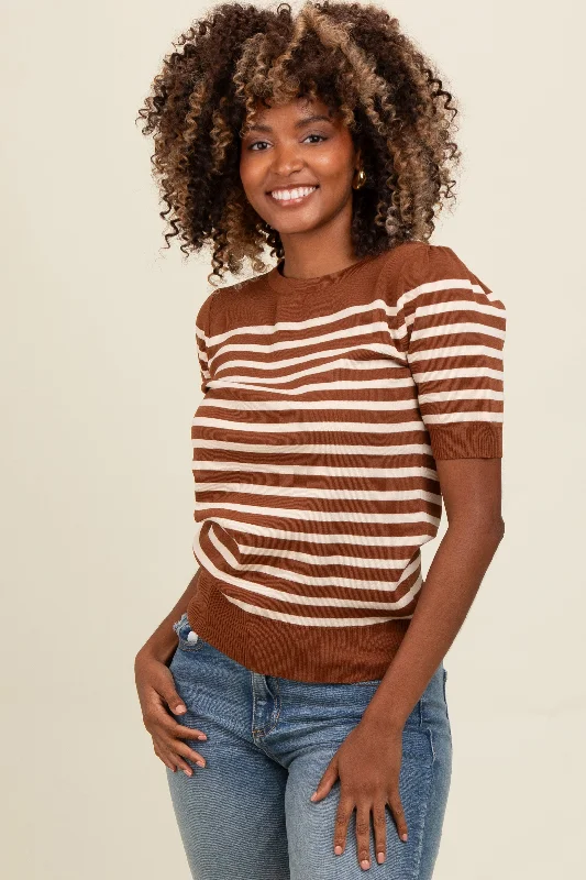 Top 10 Women's Online Clothing Stores Mocha Striped Short Sleeve Knit Top