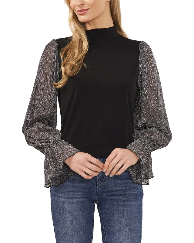 Unique Women's Fashion Pieces CeCe Mock Neck Mixed Media Knit Top