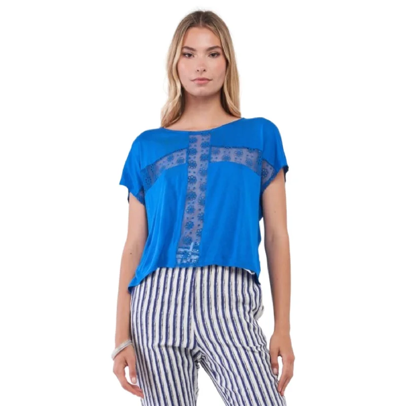 Holiday Special Offers Royal Blue Boat Neck Short Sleeve See-trough Cross Cut-in Detail With Floral Embroidery Top