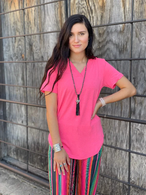 Women's Clothes And Apparel Sets Crazy Train Neon Pink V-Neck Basic Top