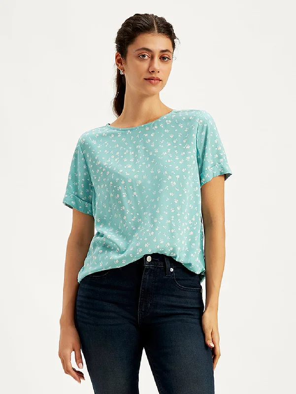 Affordable Online Boutiques Women's Floral Print Light-Blue Round Neck Top